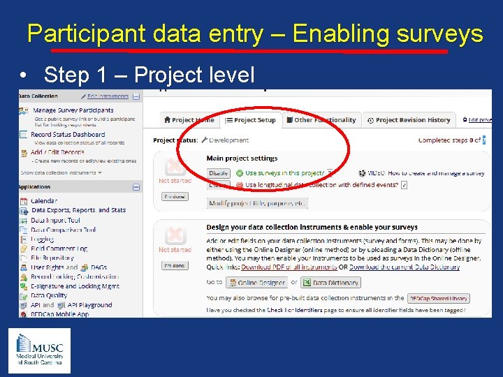 Participant data entry – Enabling surveys • Step 1 – Project level 
