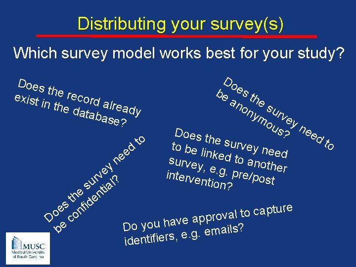 Distributing your survey(s) Which survey model works best for your study? Does t exist