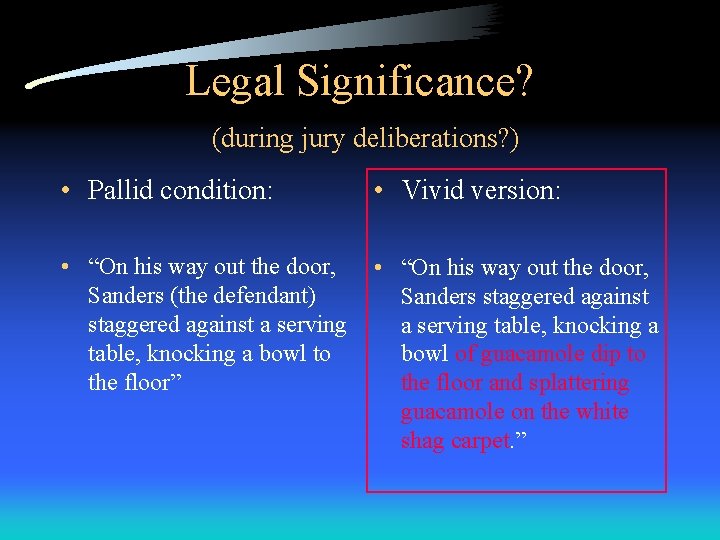 Legal Significance? (during jury deliberations? ) • Pallid condition: • Vivid version: • “On