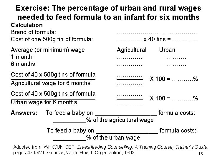 Exercise: The percentage of urban and rural wages needed to feed formula to an