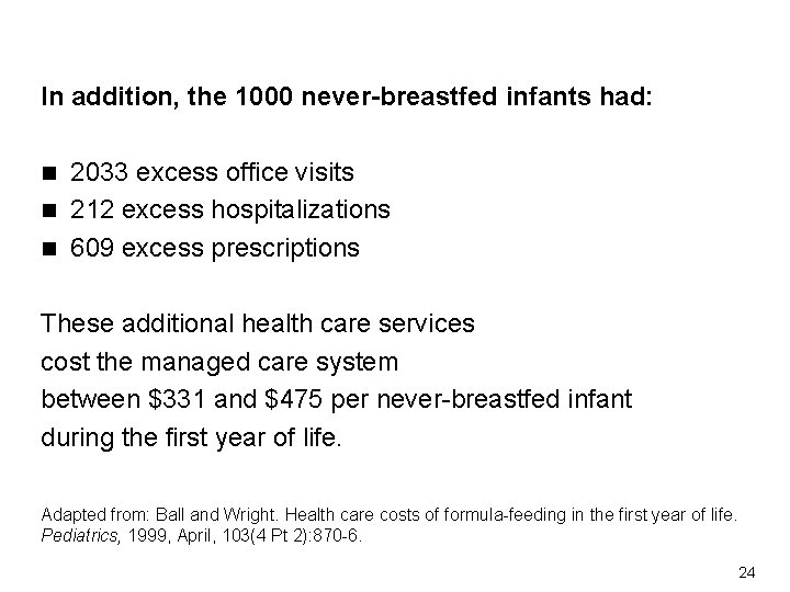 In addition, the 1000 never-breastfed infants had: 2033 excess office visits n 212 excess