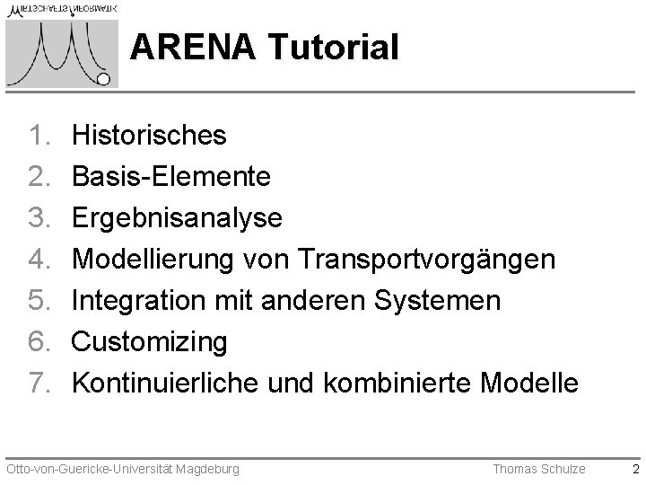 ARENA Tutorial 1. 2. 3. 4. 5. 6. 7. Historisches Basis-Elemente Ergebnisanalyse Modellierung von