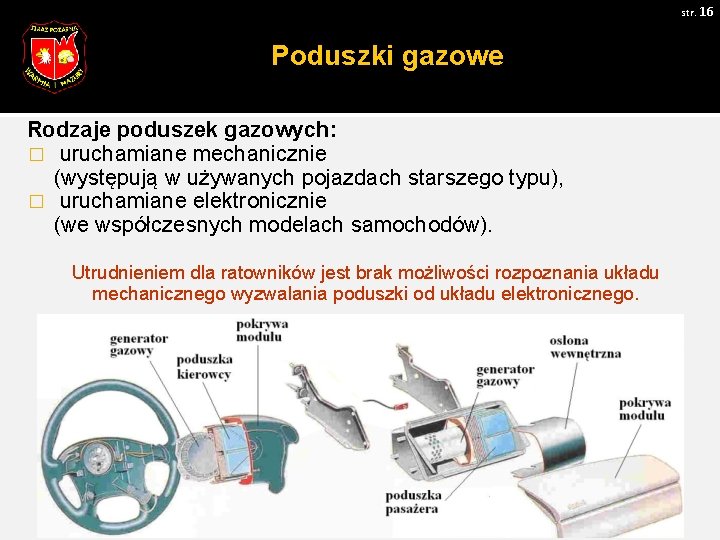 str. 16 Poduszki gazowe Rodzaje poduszek gazowych: � uruchamiane mechanicznie (występują w używanych pojazdach