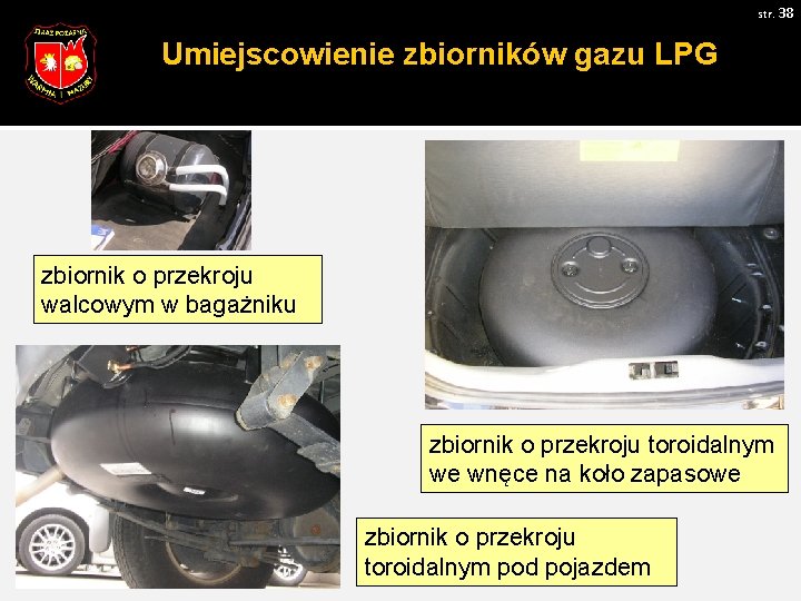 str. 38 Umiejscowienie zbiorników gazu LPG zbiornik o przekroju walcowym w bagażniku zbiornik o