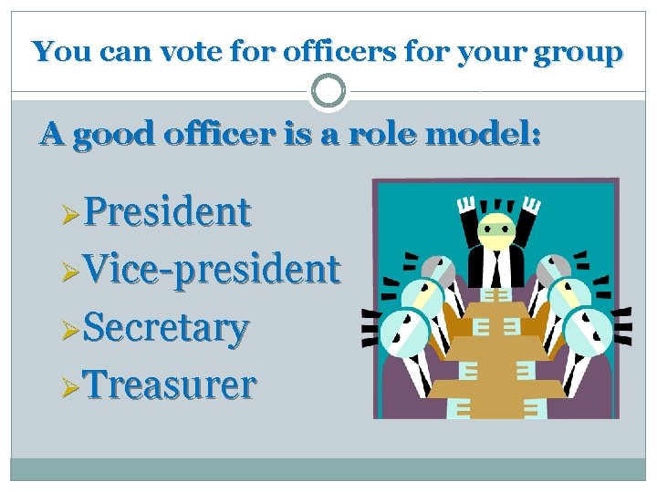 You can vote for officers for your group A good officer is a role