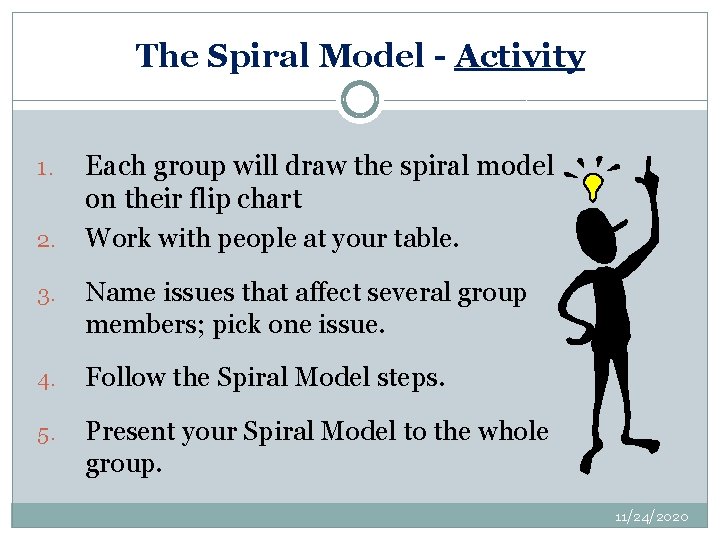 The Spiral Model - Activity 1. 2. Each group will draw the spiral model