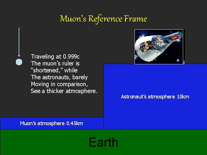 Muon’s Reference Frame Traveling at 0. 999 c The muon’s ruler is “shortened, ”