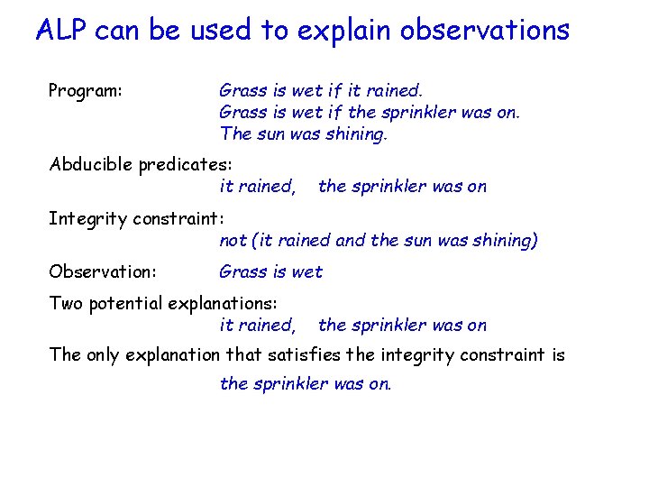 ALP can be used to explain observations Program: Grass is wet if it rained.
