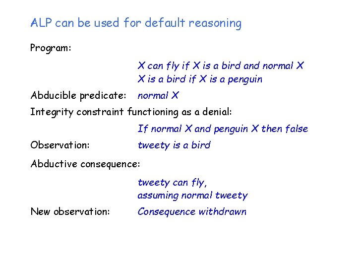 ALP can be used for default reasoning Program: X can fly if X is