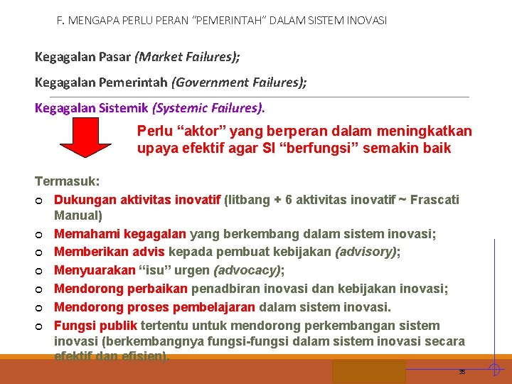 F. MENGAPA PERLU PERAN “PEMERINTAH” DALAM SISTEM INOVASI Kegagalan Pasar (Market Failures); Kegagalan Pemerintah