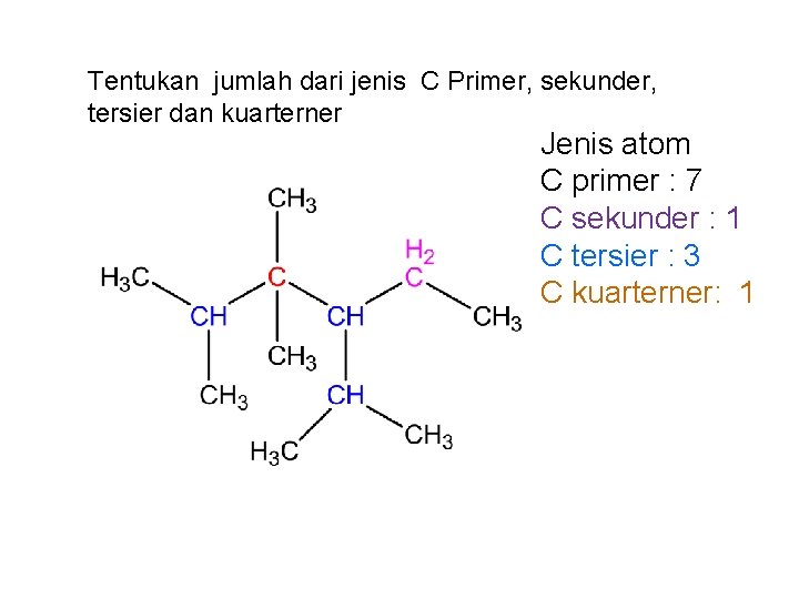 Tentukan jumlah dari jenis C Primer, sekunder, tersier dan kuarterner Jenis atom C primer