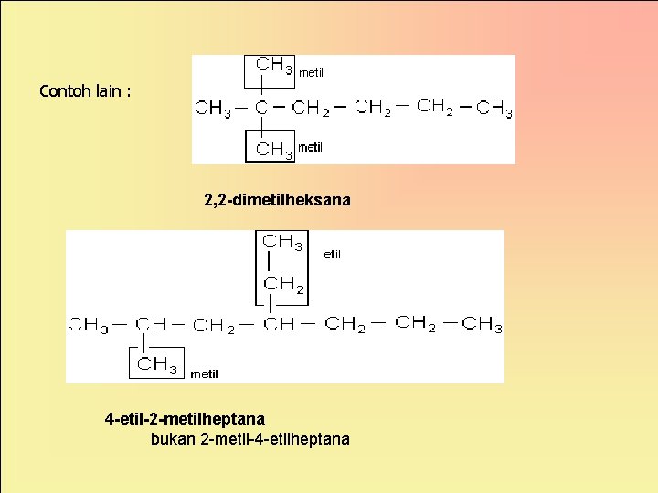 Contoh lain : 2, 2 -dimetilheksana 4 -etil-2 -metilheptana bukan 2 -metil-4 -etilheptana 