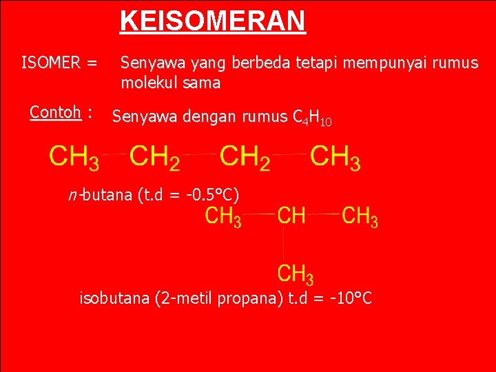 KEISOMERAN ISOMER = Contoh : Senyawa yang berbeda tetapi mempunyai rumus molekul sama Senyawa