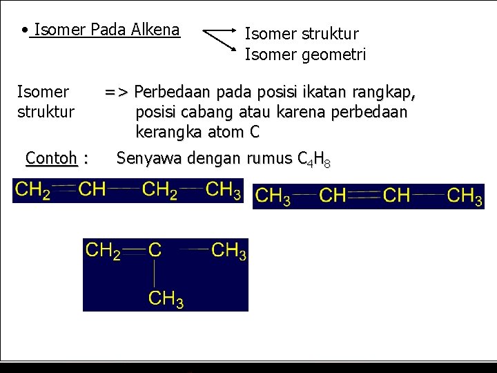  • Isomer Pada Alkena Isomer struktur Contoh : Isomer struktur Isomer geometri =>