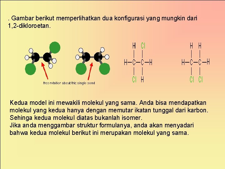 . Gambar berikut memperlihatkan dua konfigurasi yang mungkin dari 1, 2 -dikloroetan. Kedua model