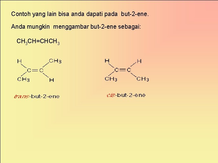 Contoh yang lain bisa anda dapati pada but-2 -ene. Anda mungkin menggambar but-2 -ene