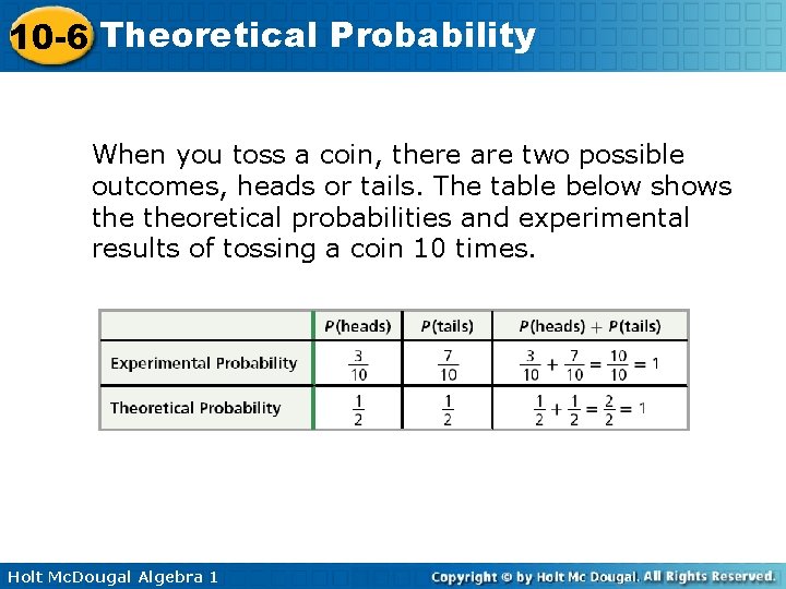 10 -6 Theoretical Probability When you toss a coin, there are two possible outcomes,