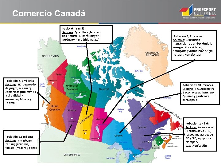 Comercio Canadá Población 1 millón Sectores: Agricultura , Petróleo Gas Natural , Minería (mayor