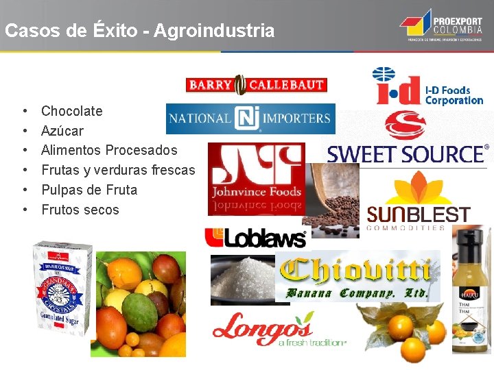 Casos de Éxito - Agroindustria • • • Chocolate Azúcar Alimentos Procesados Frutas y