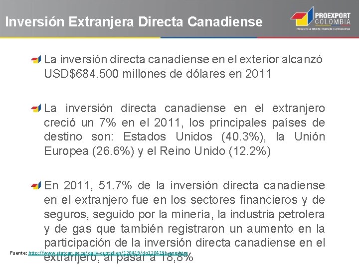 Inversión Extranjera Directa Canadiense La inversión directa canadiense en el exterior alcanzó USD$684. 500