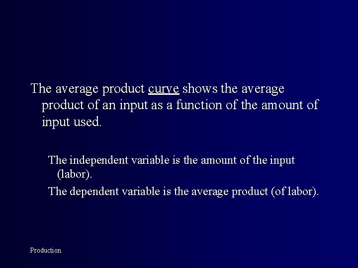 The average product curve shows the average product of an input as a function