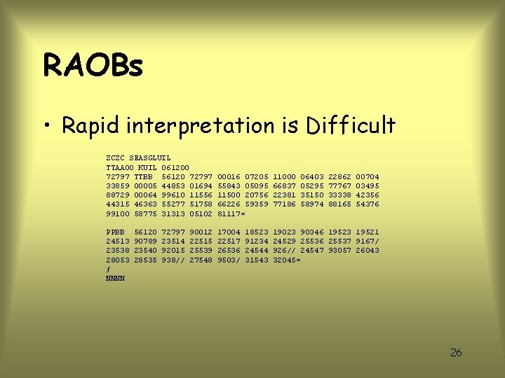 RAOBs • Rapid interpretation is Difficult ZCZC SEASGLUIL TTAA 00 KUIL 061200 72797 TTBB