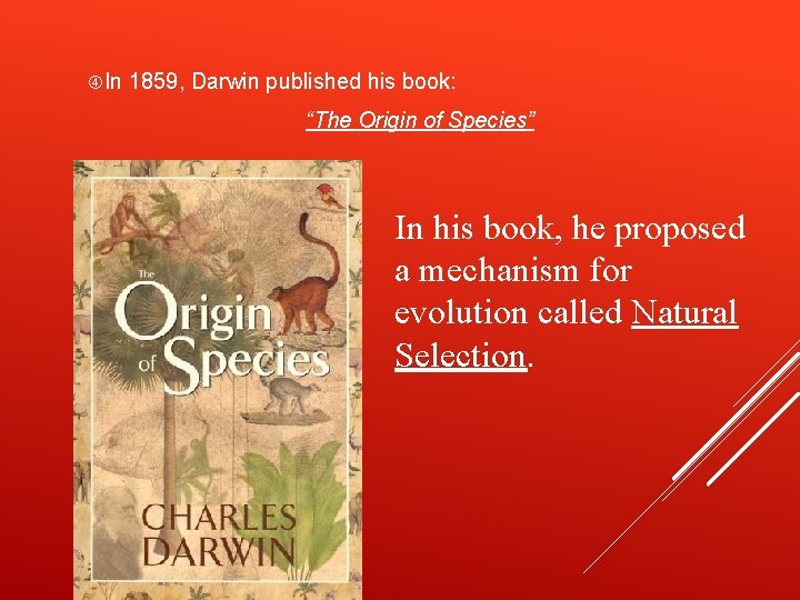  In 1859, Darwin published his book: “The Origin of Species” In his book,