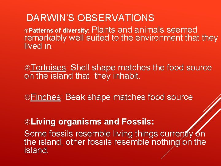 DARWIN’S OBSERVATIONS and animals seemed remarkably well suited to the environment that they lived