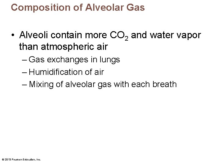 Composition of Alveolar Gas • Alveoli contain more CO 2 and water vapor than