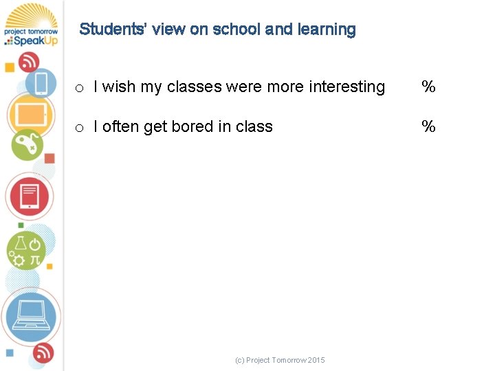Students’ view on school and learning o I wish my classes were more interesting