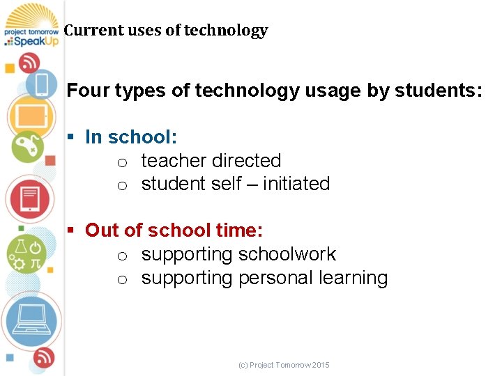 Current uses of technology Four types of technology usage by students: § In school: