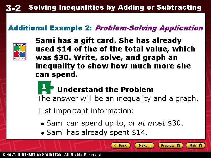 3 -2 Solving Inequalities by Adding or Subtracting Additional Example 2: Problem-Solving Application Sami