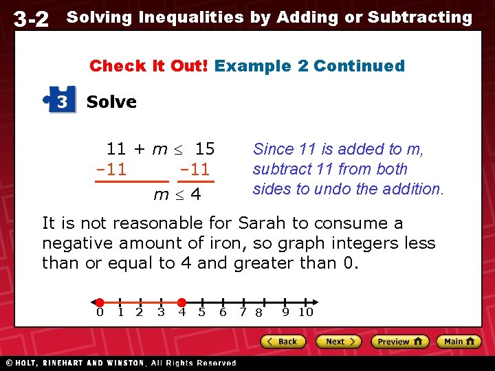 3 -2 Solving Inequalities by Adding or Subtracting Check It Out! Example 2 Continued