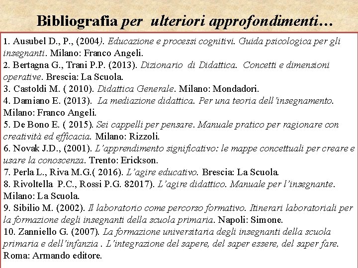 Bibliografia per ulteriori approfondimenti… 1. Ausubel D. , P. , (2004). Educazione e processi