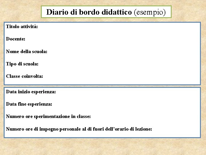 Diario di bordo didattico (esempio) Titolo attività: Docente: Nome della scuola: Tipo di scuola: