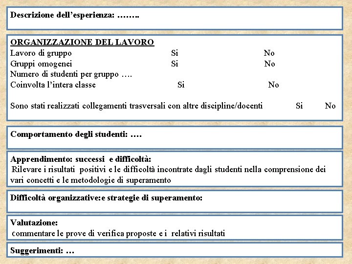 Descrizione dell’esperienza: ……. . ORGANIZZAZIONE DEL LAVORO Lavoro di gruppo Si No Gruppi omogenei