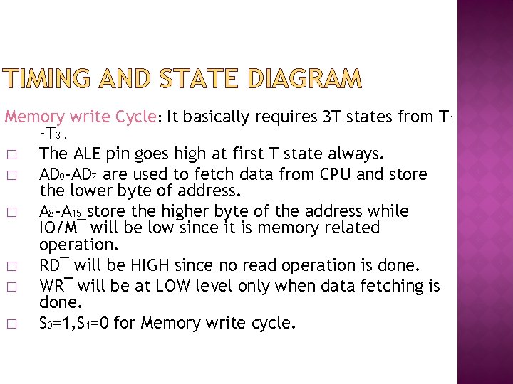 TIMING AND STATE DIAGRAM Memory write Cycle: It basically requires 3 T states from