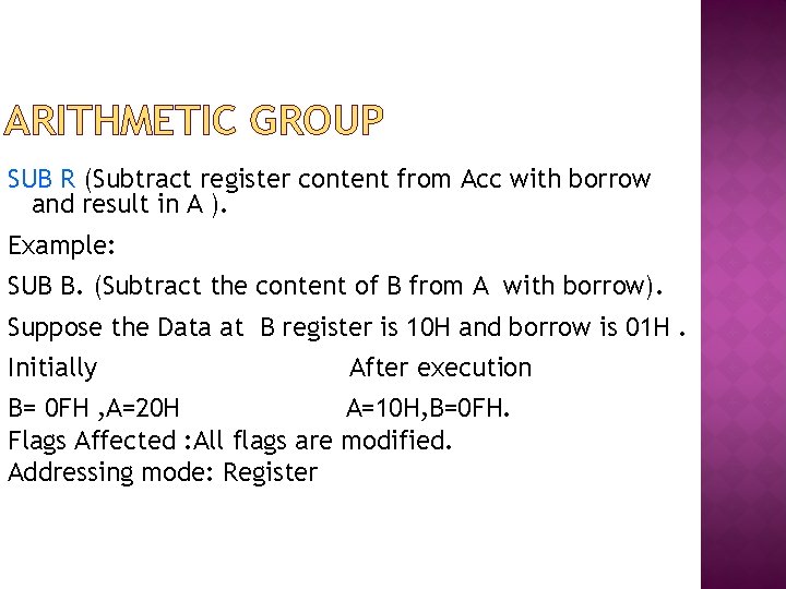 ARITHMETIC GROUP SUB R (Subtract register content from Acc with borrow and result in