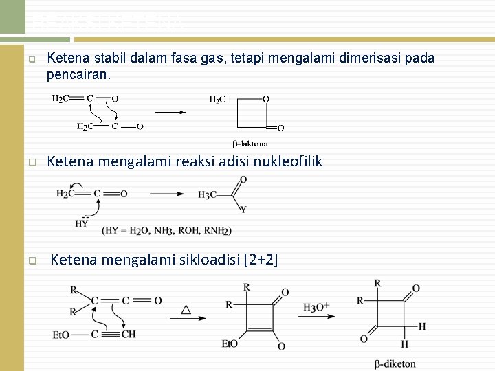 REAKSI KETENA q q q Ketena stabil dalam fasa gas, tetapi mengalami dimerisasi pada