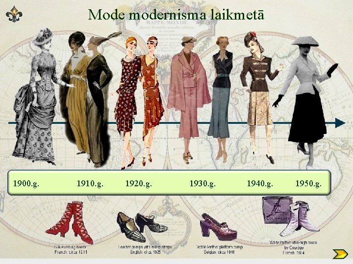 Mode modernisma laikmetā 1900. g. 1910. g. 1920. g. 1930. g. 1940. g. 1950.