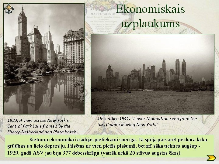 Ekonomiskais uzplaukums 1933. A view across New York's Central Park Lake framed by the