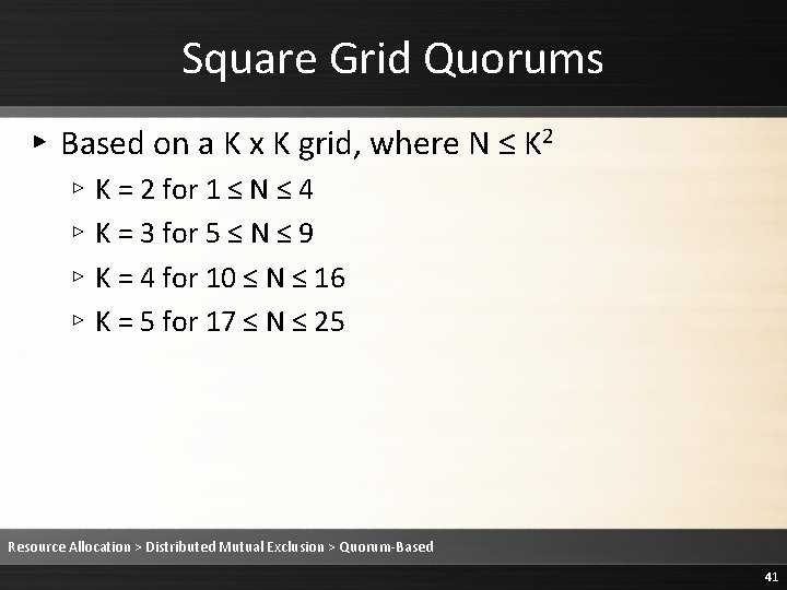 Square Grid Quorums ▸ Based on a K x K grid, where N ≤ Square Grid Quorums ▸ Based on a K x K grid, where N ≤