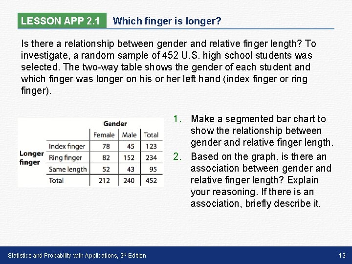 LESSON APP 2. 1 Which finger is longer? Is there a relationship between gender