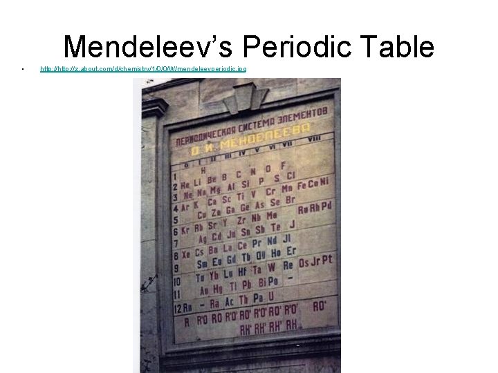 Mendeleev’s Periodic Table • http: //z. about. com/d/chemistry/1/0/0/W/mendeleevperiodic. jpg 