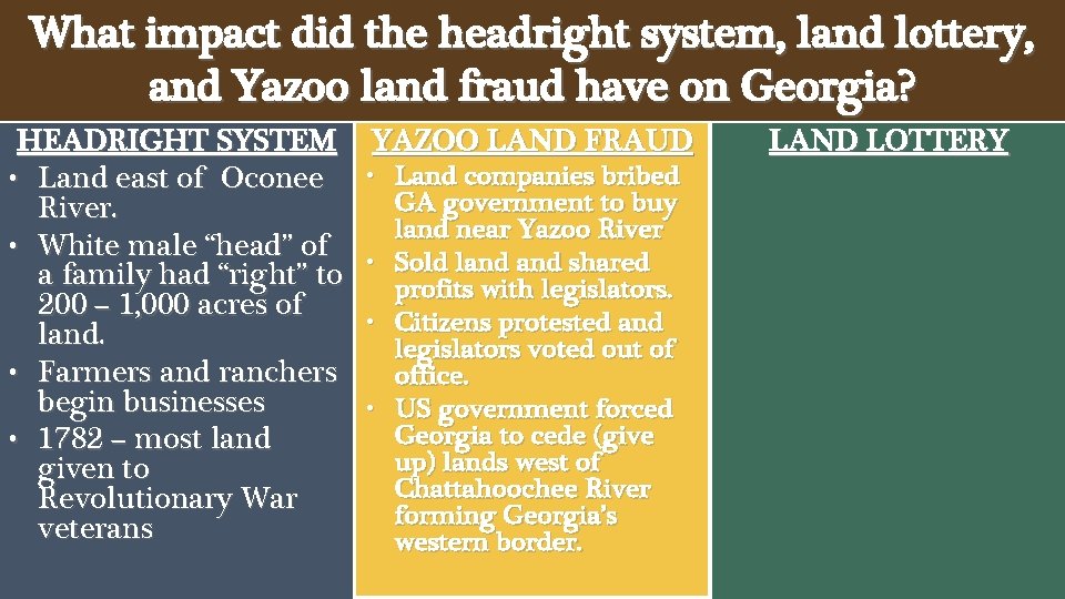 What impact did the headright system, land lottery, and Yazoo land fraud have on