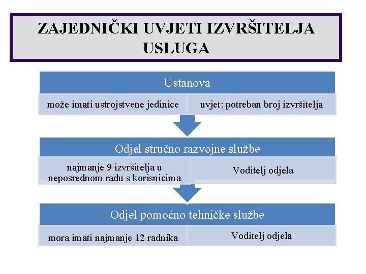 ZAJEDNIČKI UVJETI IZVRŠITELJA USLUGA Ustanova može imati ustrojstvene jedinice uvjet: potreban broj izvršitelja Odjel