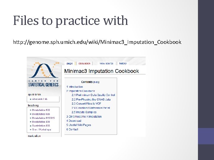 Files to practice with http: //genome. sph. umich. edu/wiki/Minimac 3_Imputation_Cookbook 