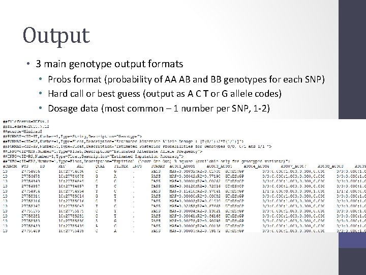 Output • 3 main genotype output formats • Probs format (probability of AA AB