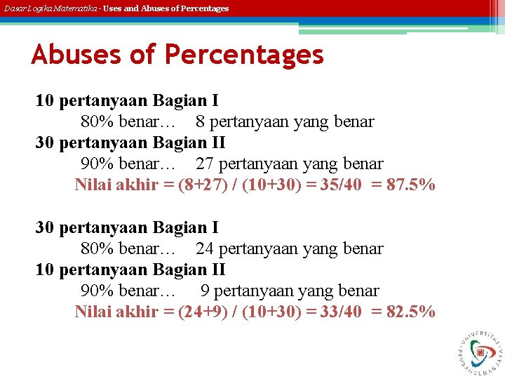 Dasar Logika Matematika - Uses and Abuses of Percentages 10 pertanyaan Bagian I 80%