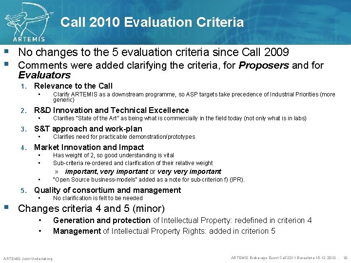Call 2010 Evaluation Criteria § No changes to the 5 evaluation criteria since Call